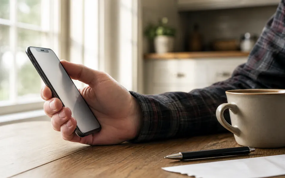 Hand holding a smartphone with a softly blurred screen on a wooden table by a window