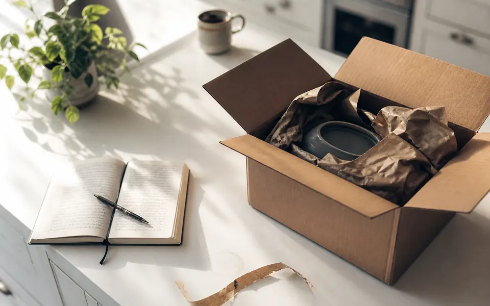 An opened plain cardboard parcel on a kitchen counter, contents half unwrapped, a notebook and pen beside it