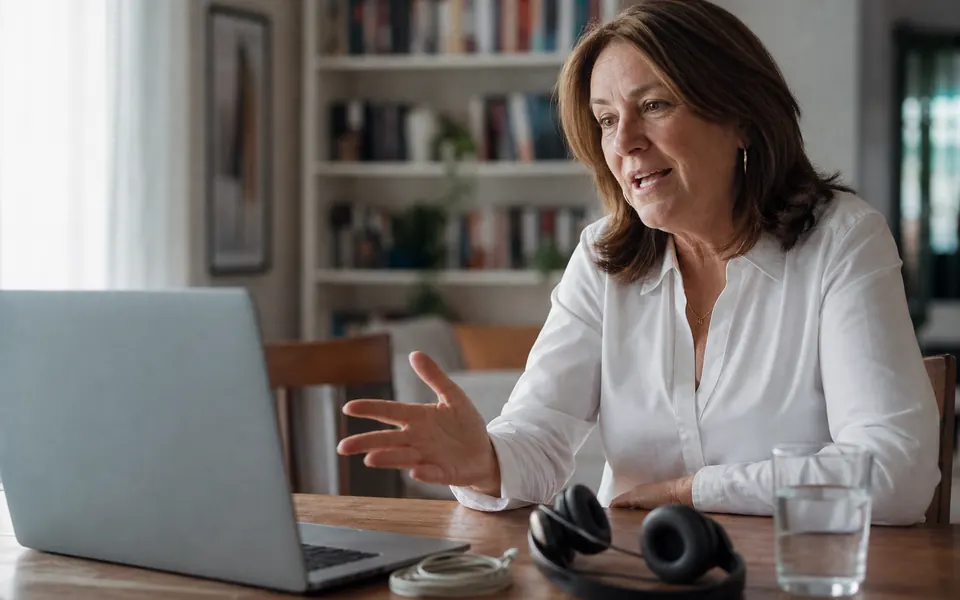 A woman speaking toward a laptop webcam in a tidy living room, headset on the table